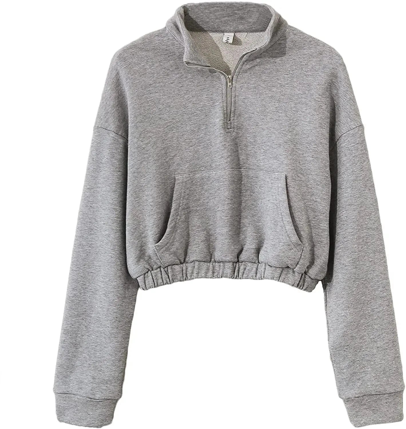L / Gray Quarter Zip Neck Cropped Sweatshirts Cotton Elastic Hem Yoga Fitness Crop top hoodies for Women