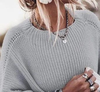 L / Gray S-XL women's oversized sweater Bat sleeved round neck pullover top Coarse knitted pullover sweater