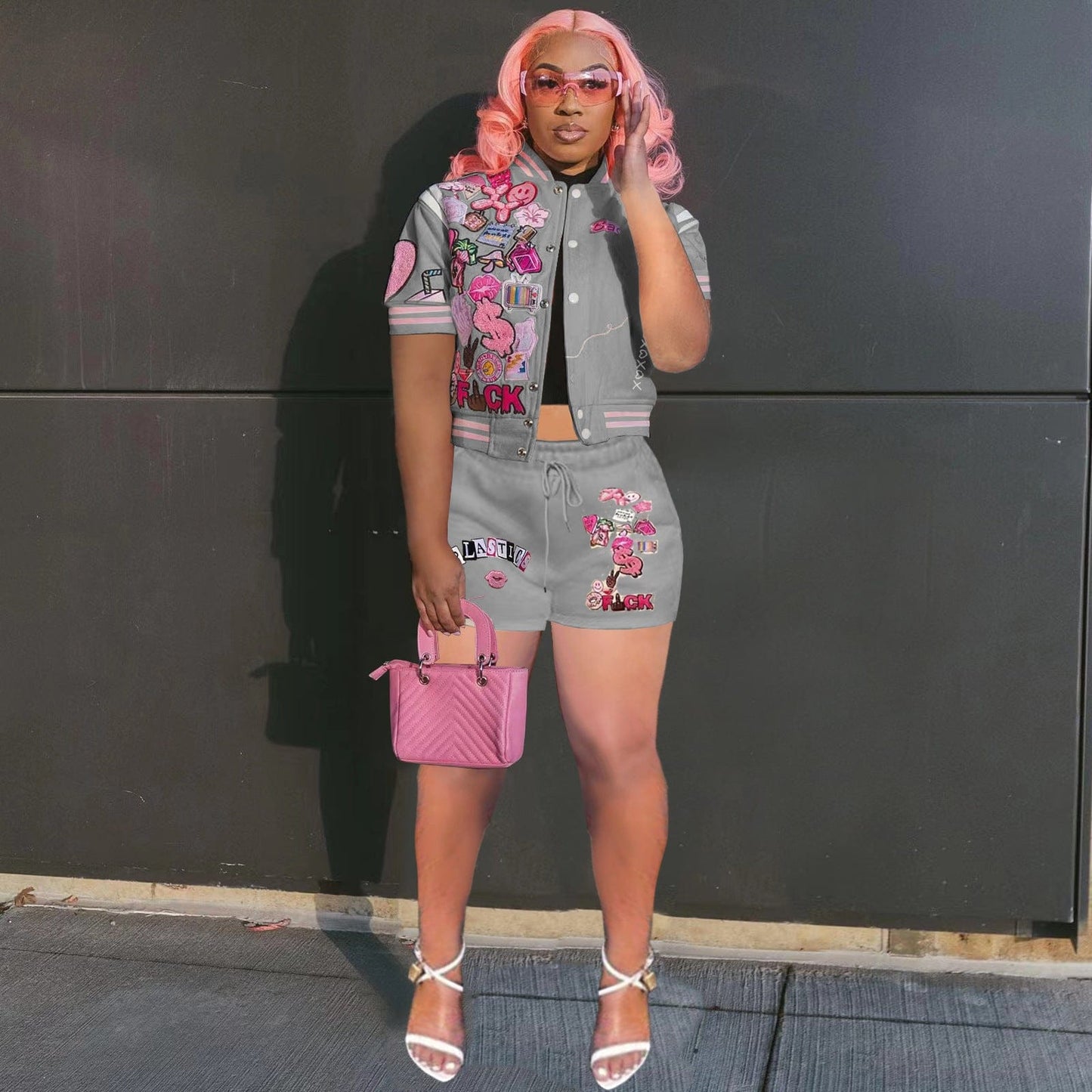 L / Gray Sharee 2023 Hot Selling Women Summer Clothes With Button Print Baseball Jacket Shorts Set Women 2 Piece Sets