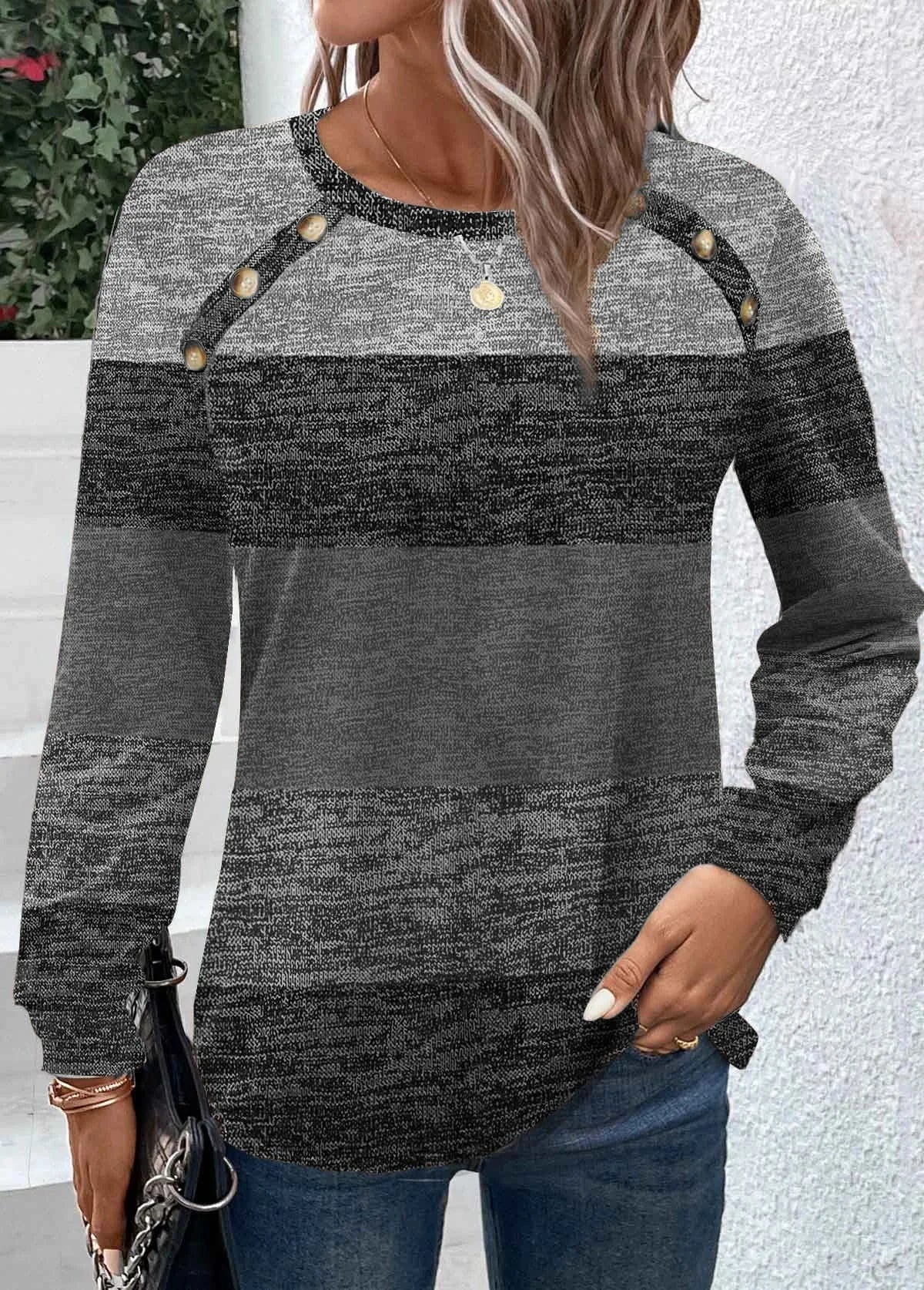 L / Gray / Spandex / Polyester 2023 European and American Autumn and Winter New Contrast color button Long sleeve Round neck T-shirt top Women's clothing