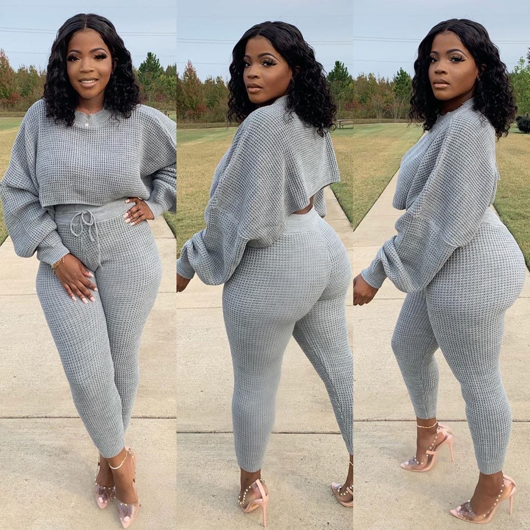 L / Gray Spring 2023 Women s Clothing Long Sleeve Women Outfits Two Piece Set Clothing 2 Pieces Set Top and Pant