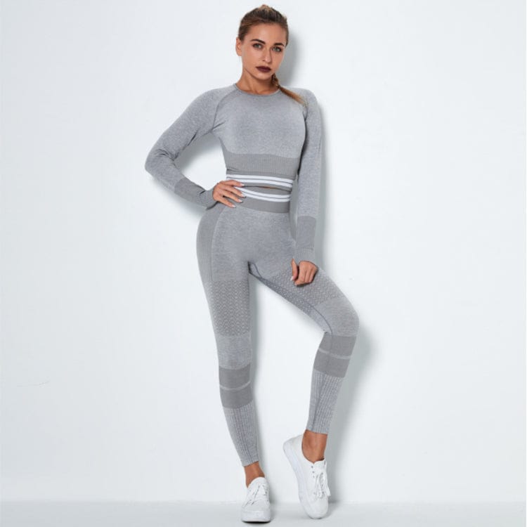 L / gray Wholesale Seamless Comfortable Breathable Fitness Long sleeve Yoga Set Women Tight Elastic Yoga Track Suit