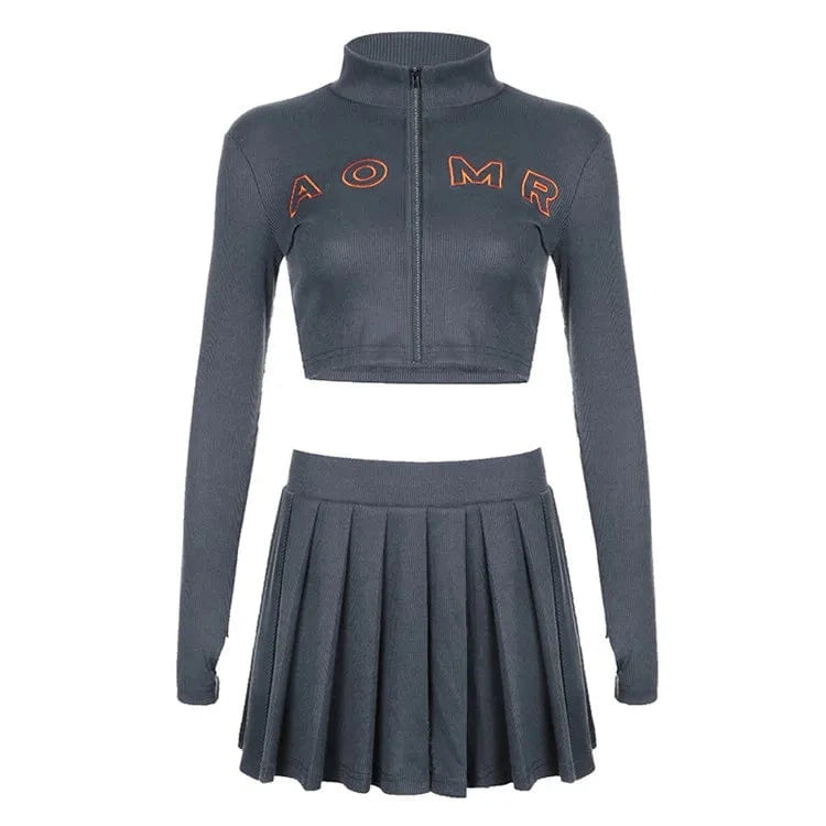 L / Gray Women 2024 Jacket + Pleated Skirt Ribbed Knitted Embroidery Two Piece Set