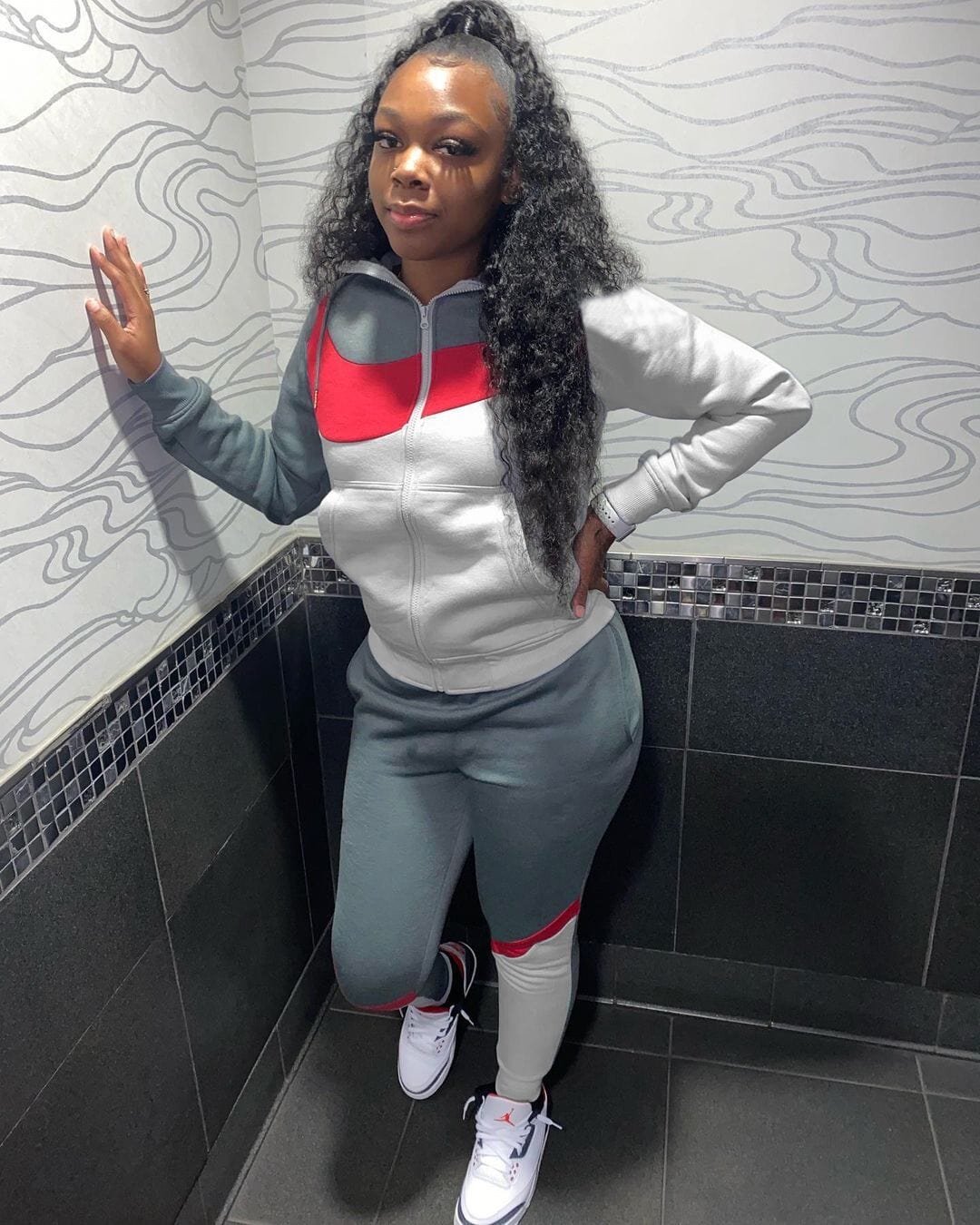 L / Gray Women Fall Fashion Apparel Clothing Hooded collar Solid Color Two Piece Outfits Long Sleeve Sweatsuit Pants Set