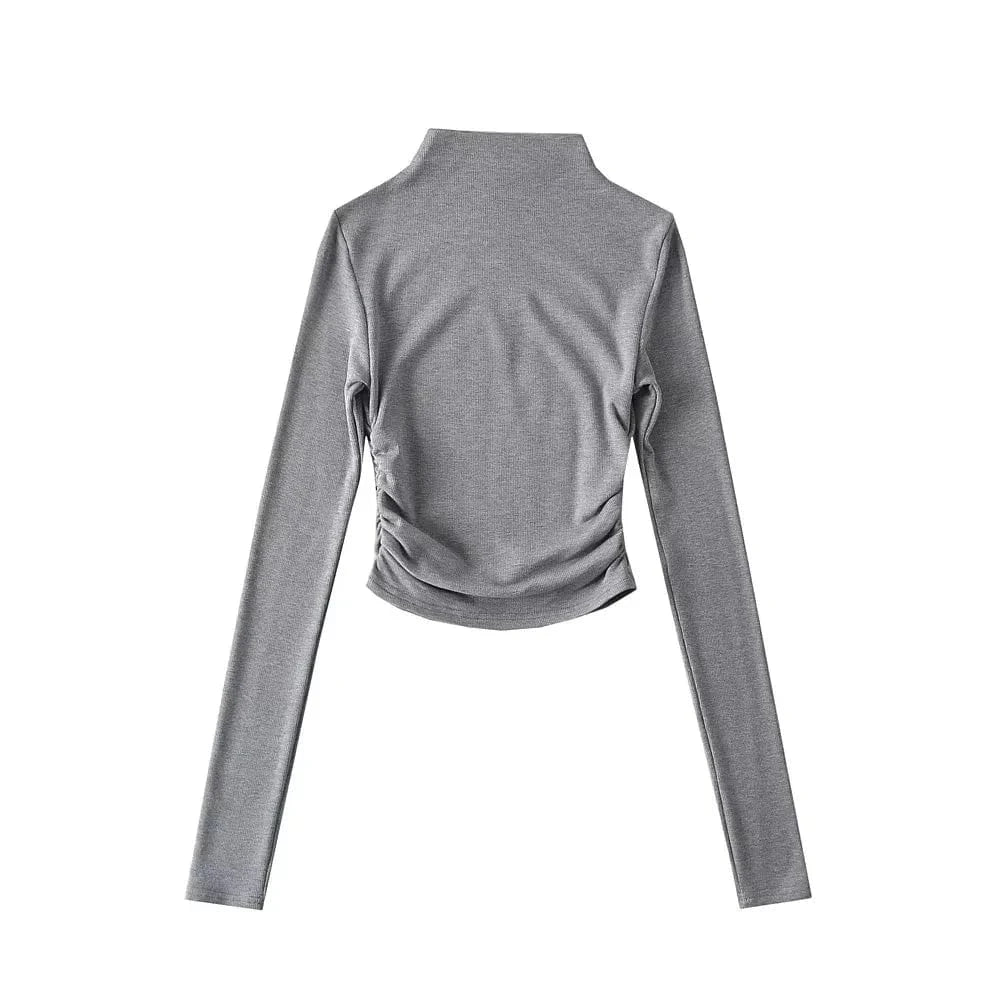 L / Gray Women Long Sleeve Basic Candy Color Turtleneck Crop Top with Elastic Side Stack High Stretch Cotton Mock Neck Tops