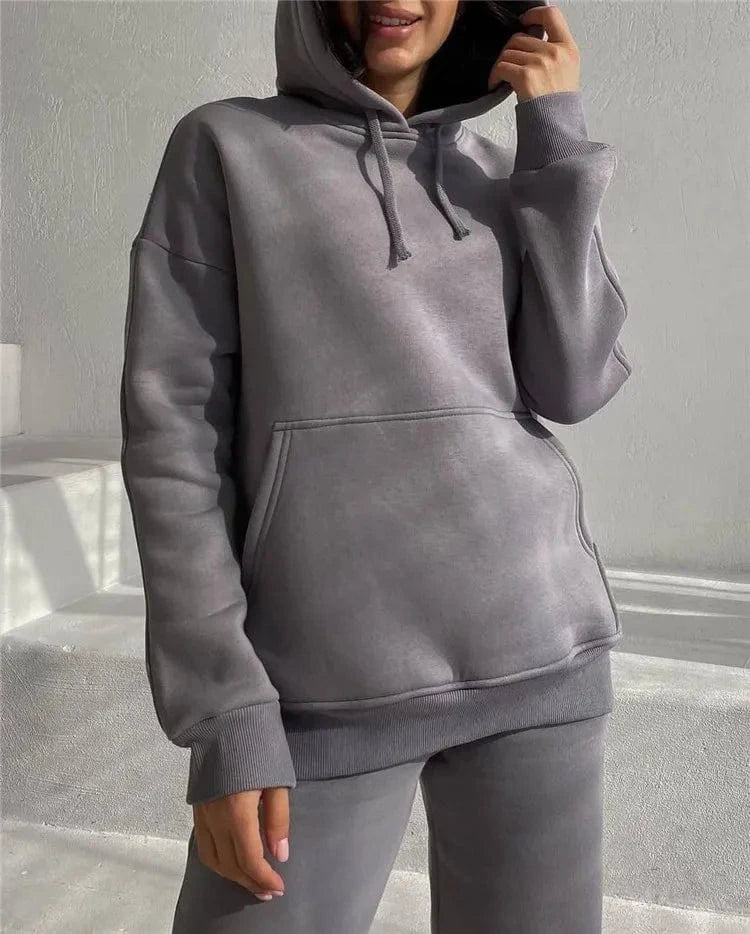 L / Gray Women's Outfits Long Sleeved Plush Hooded Sweater Loose Casual PantsWomen Two Piece Set Autumn and Winter Fashion Suit