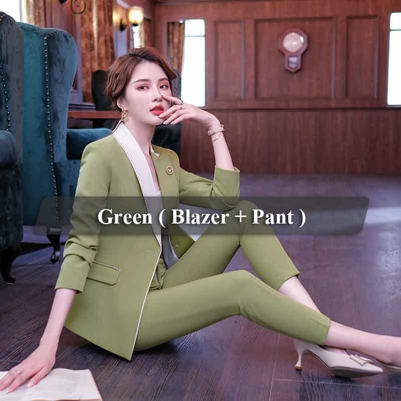 L / Green 2 Piece set Wholesaler Soft and Comfortable Contrast Collar Pant Suit Women Slim Fashion OEM Style Office Lady Long Sleeve Blazer and Pant
