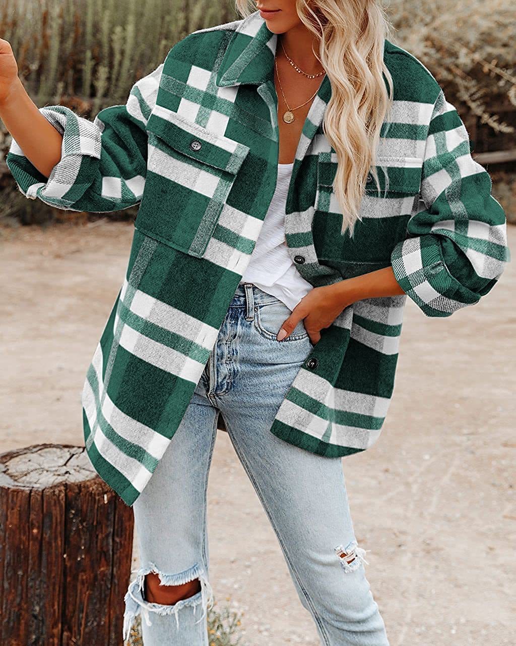 L / Green 2022 Latest Winter Plaid Patchwork Coat Casual Women Jacket Oversize Polyester Loose Women Clothing