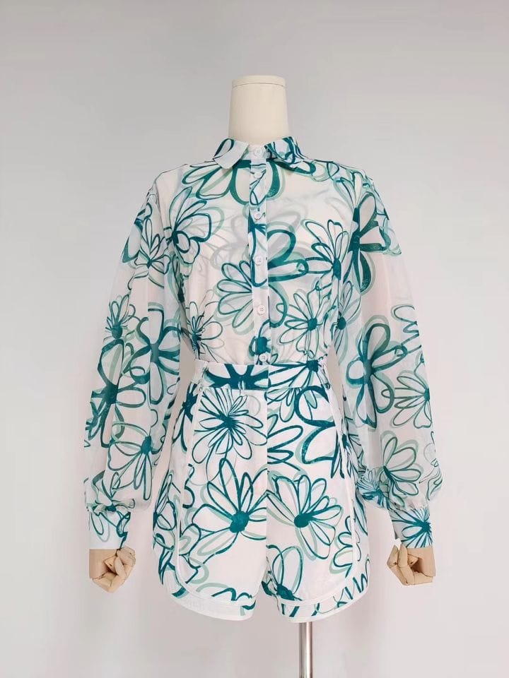 L / green 2022 Summer Beach Ropa Dama Resort Style Shirt Top + Printed Sling Shorts Three-Piece Suit Women