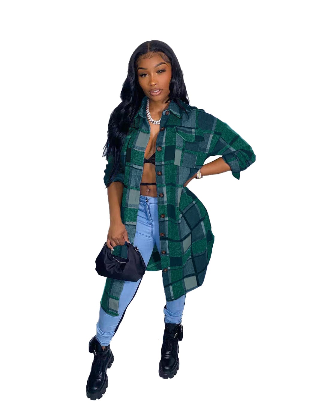 L / green 2023 Spring Fashion Young Office Lady Shaggy Plaid Pocket Drop Shoulder Long Outwears