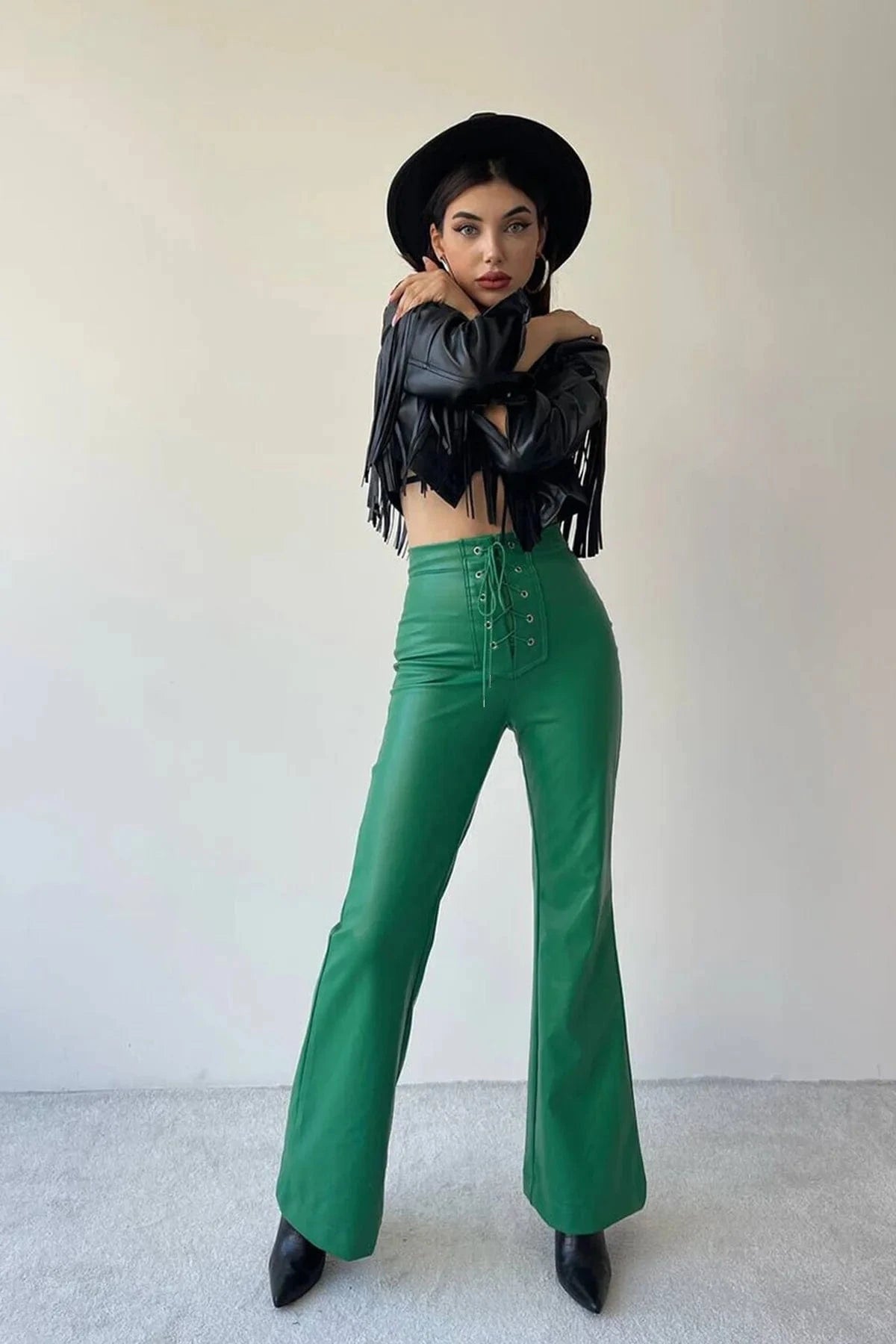 L / green 2023  Women's Fashion Sexy High Waist Solid Color Long  Pants Straight Flared Leather Trousers Ladies Casual Loose Pants