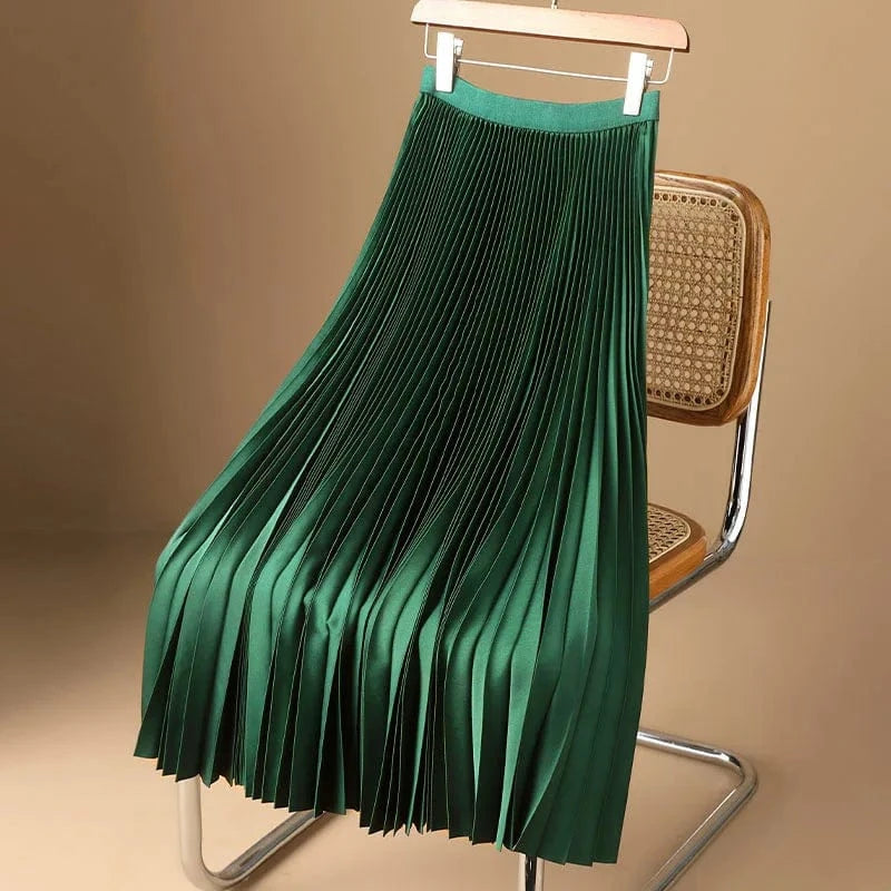 L / green 2024 Solid color satin pleated skirt oversized skirt for women
