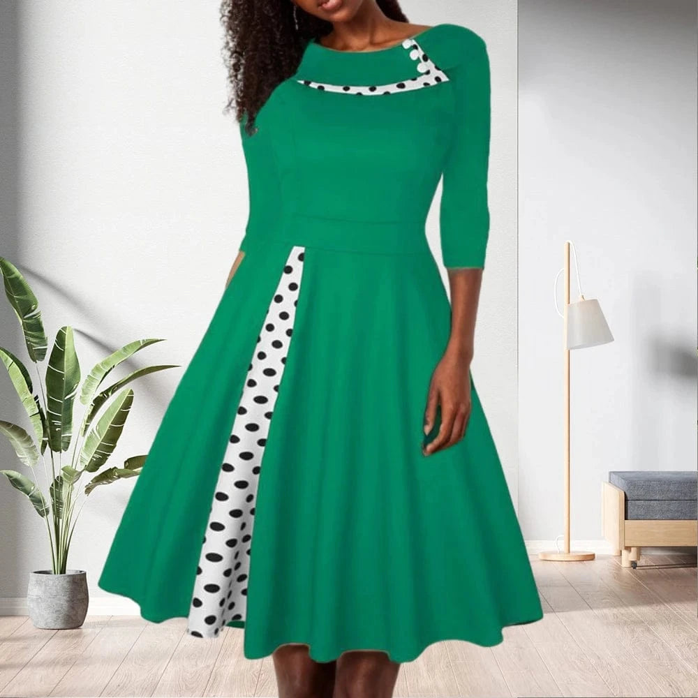 L / green 80322-MX23 Vintage Dot Print O Neck Flare Large Hemline Women Dresses Sehe Fashion