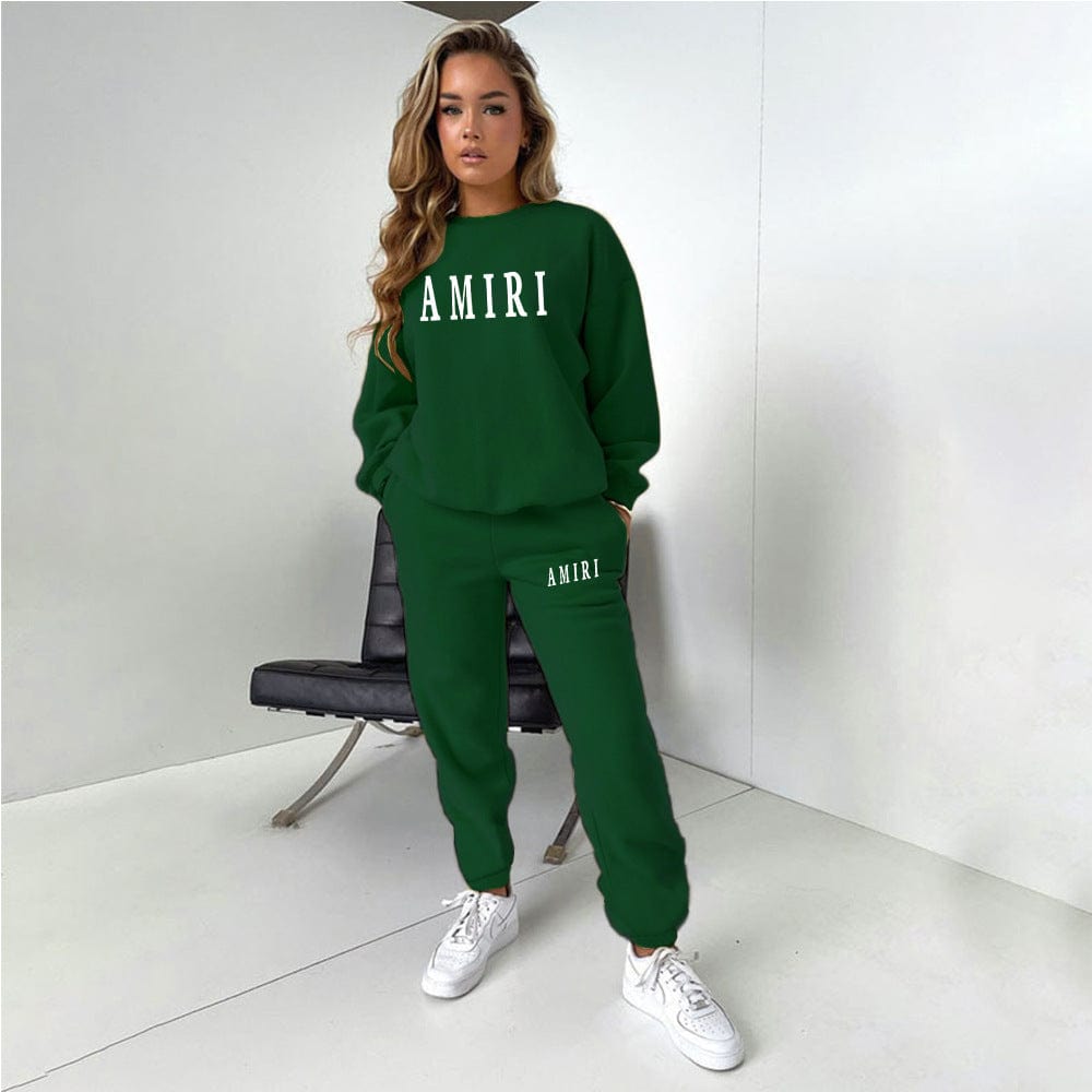 L / green C1575 Spring 2023 Letter Print Tracksuit Round Neck Long Sleeve Sweater Outfits Two Piece Set