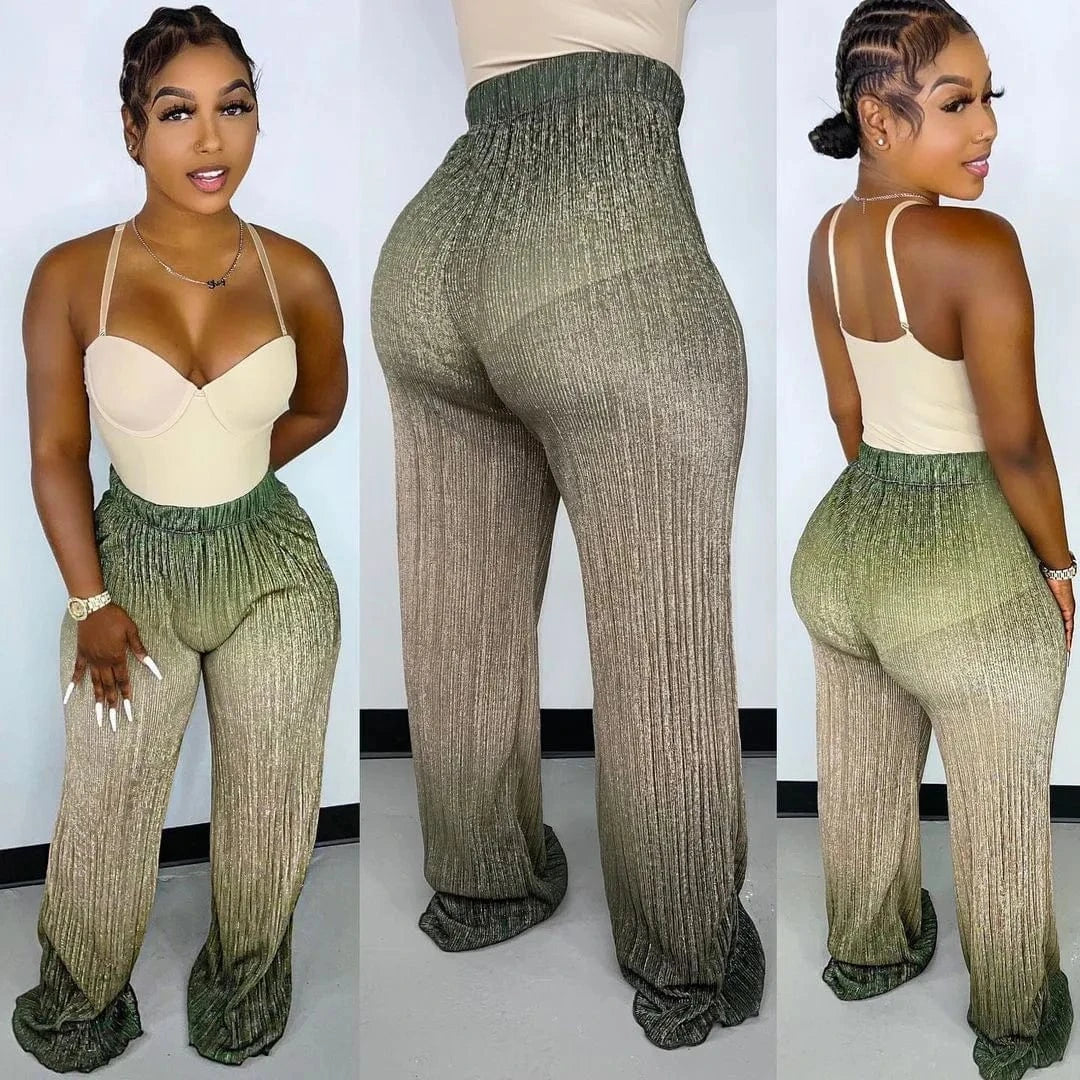 L / green Casual Glitter Bling Pants for Ladies Ombre Long Floor Bottom Women Flare Pants Girls Adult Wide Leg Shiny Pants