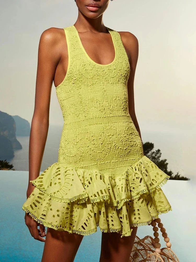 L / green CHICEVER Casual Embroidery Round Neck Sleeveless High Waist Women Elegant Dresses 2023