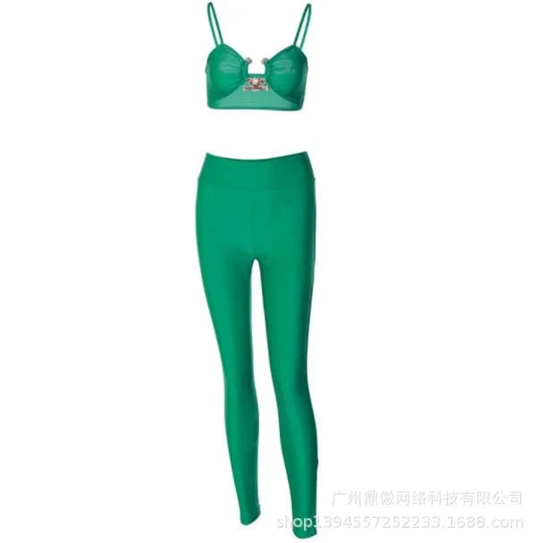 L / green Custom logo with Metal ornament on bra  Sexy Camisole + Tight Pants Two-piece Set