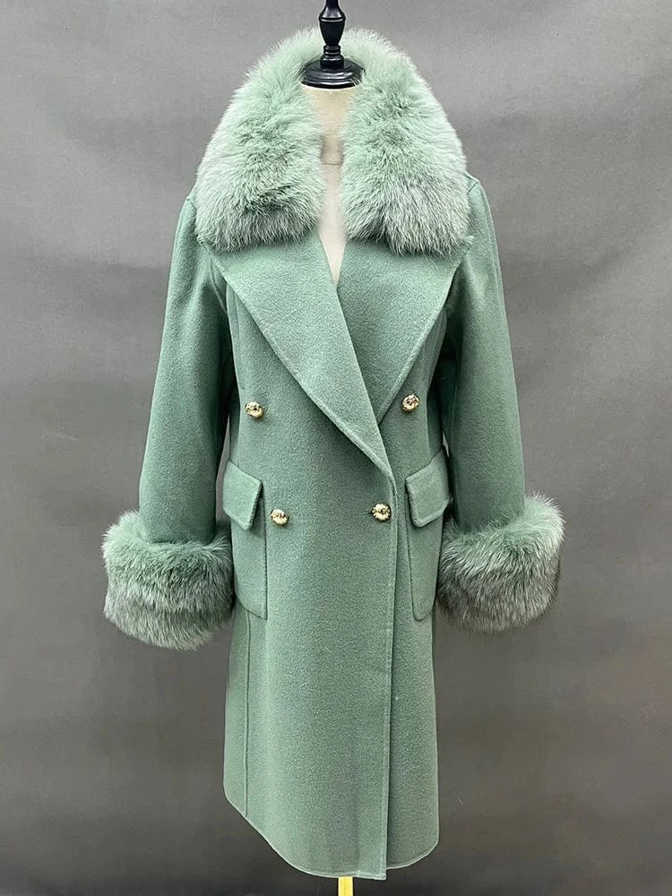 L / Green Double Sided Cashmere Coat Real Fox Fur Collar Cuffs Double Breasted Handmade Wool Coat