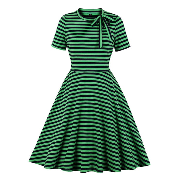 L / green Elegant Casual Vintage Woman O-neck Knee-length A-line Horizontal Striped Dresses Striped Short Sleeve Tether Elasticity Dress