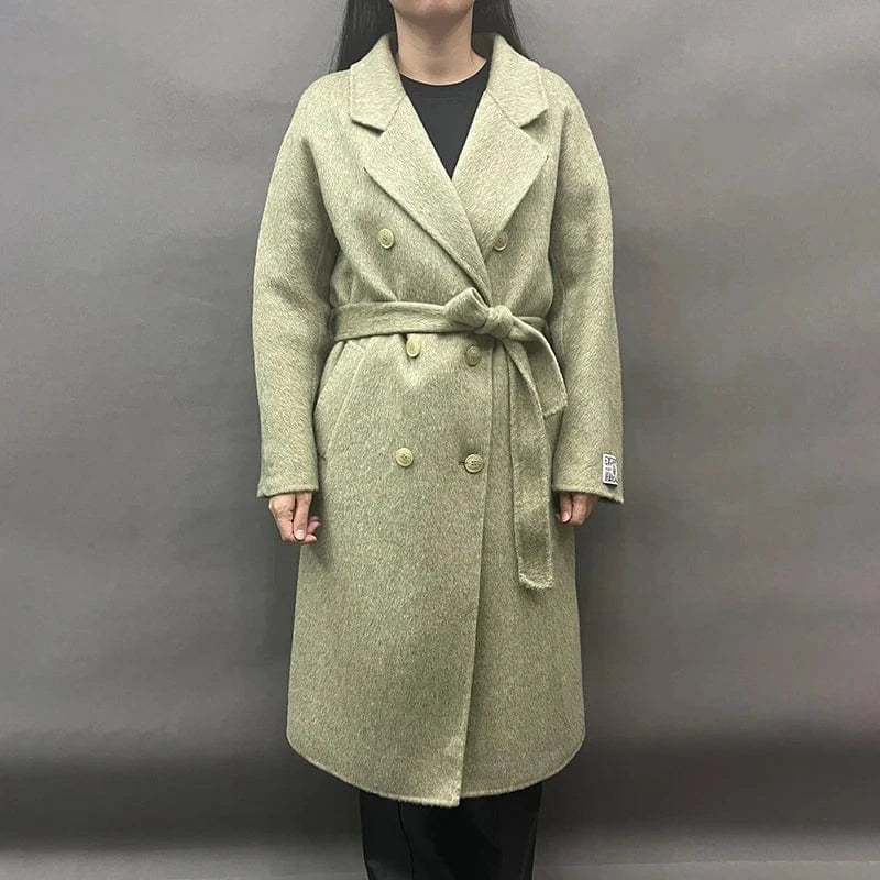 L / Green Elegant Double Sided Handmade Long Trench Coats Belted Ladies Cashmere Coat for Women
