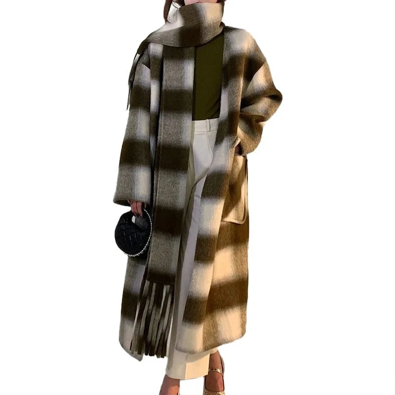 L / Green Elegant Plaid Korean Wool Overcoat Women Long Wool Winter Coat with Tassel Scarf