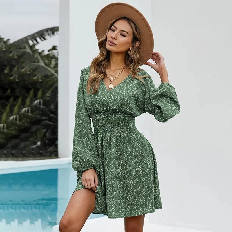 L / green European and American 2024 Spring New Wave dot dress women's V-neck Long sleeve Pleated waist Slim-fit Women's dress