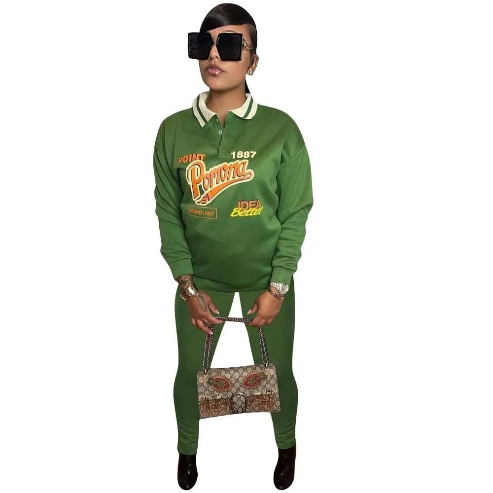 L / green Fashion Women Clothes 2 Piece Jogger Sets Winter Sweatshirt Print Hoodie Jogging Sets Cotton Polyester Polo Sweat Suits