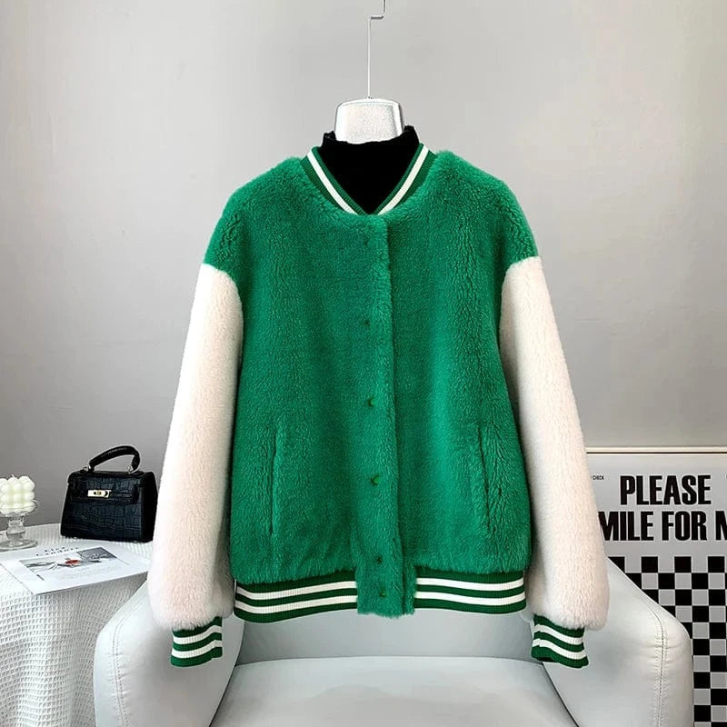 L / green Girl's Sheep Shearling Baseball Warm Coats Female Lamb Wool Fur Sporty Jacket Winter Overcoat JT3268