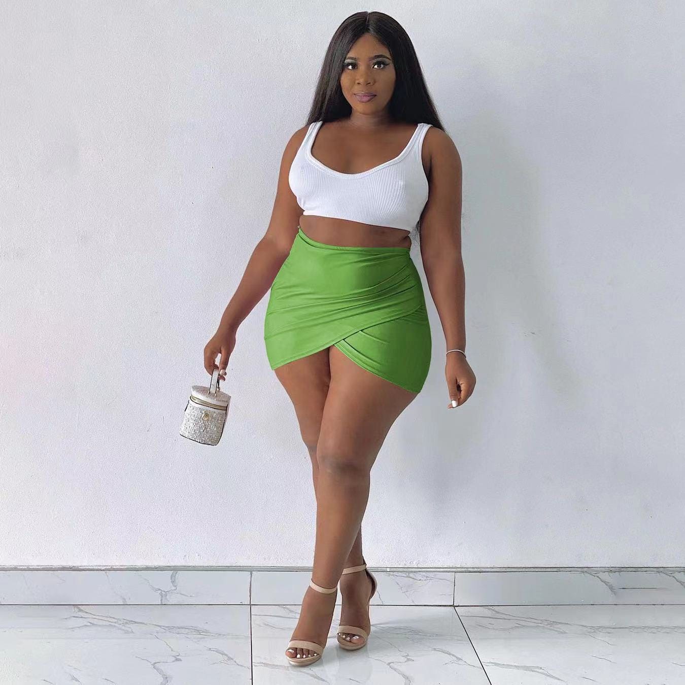 L / green J&H 2023 new arrivals white ribbed tank top and sexy mini skirts 2 piece set women slim fit summer skirts outfits club wear