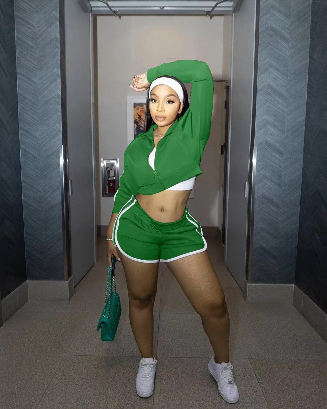 L / green J&H 2023 new trendy Hooded fleece zipper clothing 2 piece set women New York Met sexy casual fall outfits