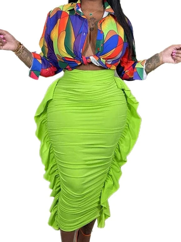 L / green L691 New Fashion Women's Mid-Calf Pleated Skirt