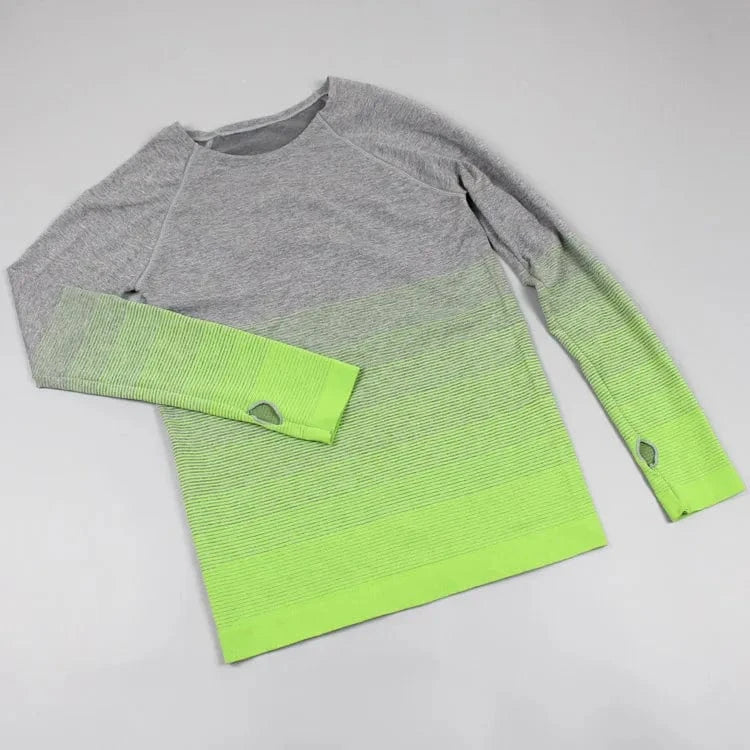 L / green Large Size Yoga Wear Round Neck Seamless Sports Fitness Shirt Gradient Long Sleeves Running T-shirts For Womens