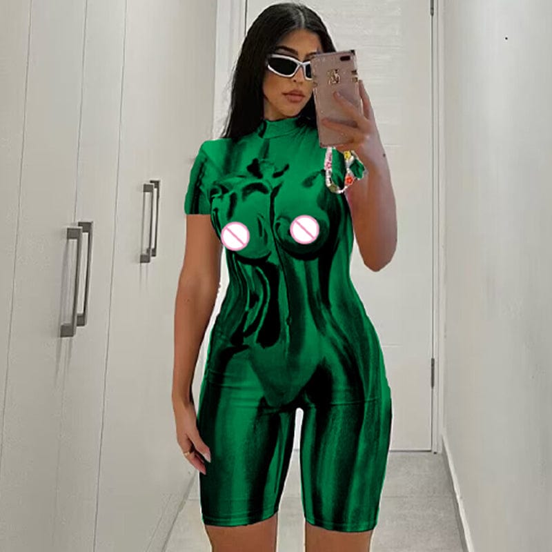 L / green Lygens 2175 Tie Dye Print Stretchy Short Sleeve One Piece Rompers 2023 Summer Casual Streetwear Club Jumpsuits Women Clothes