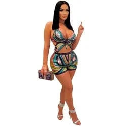 L / green MD-202 Party Clothes Women Outfits Club Wear Summer Outfit 2 Piece Short Pants Set Mujer Crop Top Shining Sequined Casual Woven
