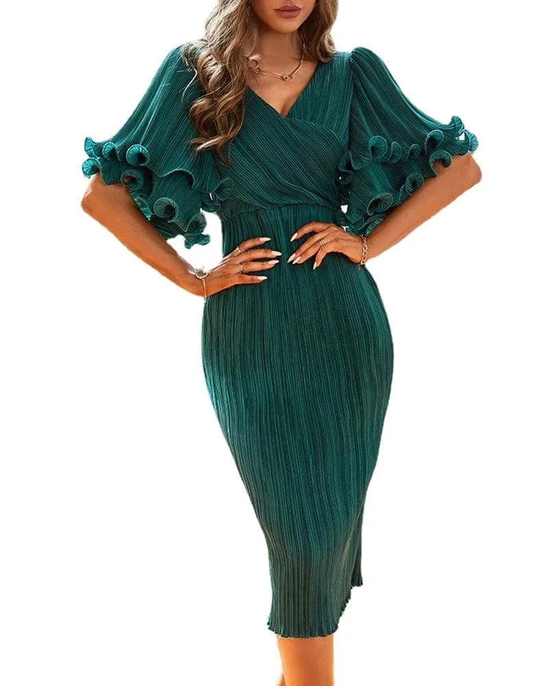 L / green New Fashion  Lady Green Elegant Dress Dropshipping Flared Sleeve V-neck Party Women Sexy Temperament Dress