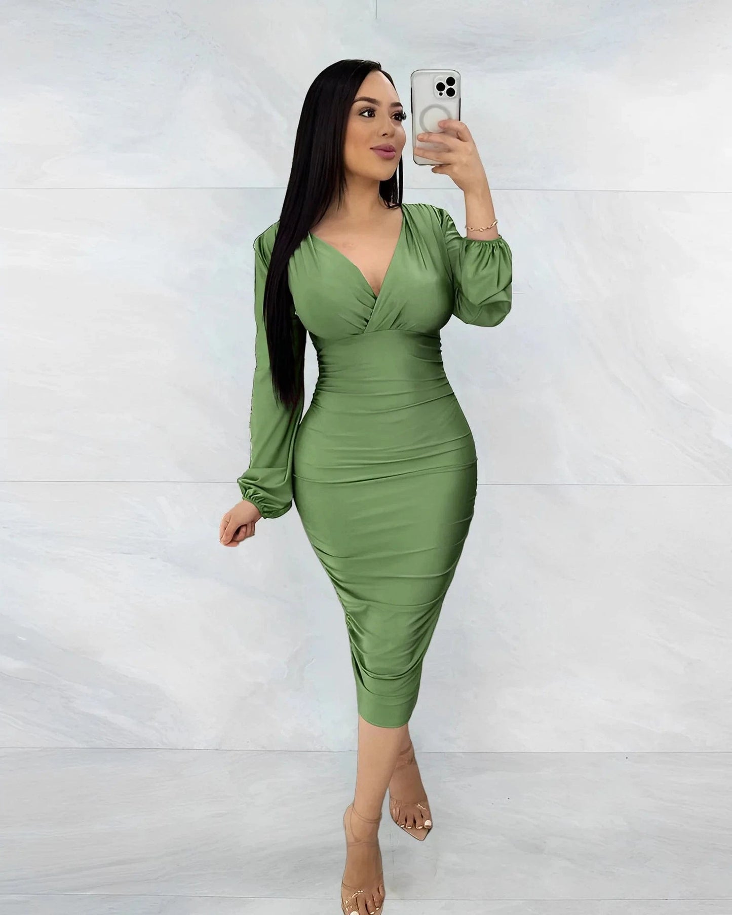 L / green New Fashion Women Europe Sexy Lady Cross V-neck Fashion Pleated Dress Long Sleeve Women's Slim Evening Party Pencil Casual Dress