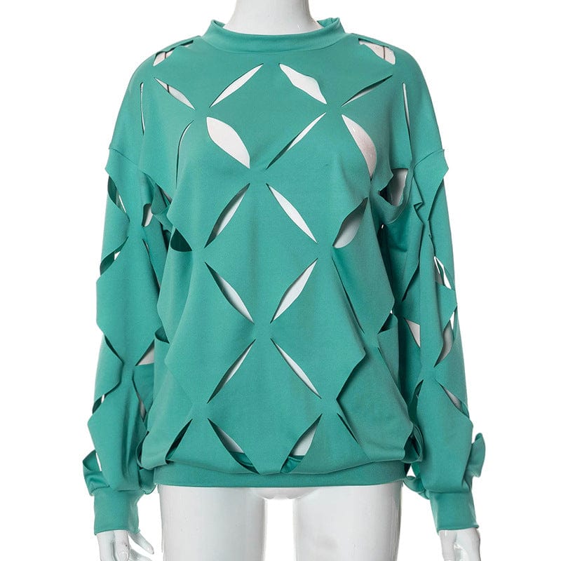 L / green New Trending Fashion Women Sexy Pullover Sweatshirt Tops Loose Hollow Cut Out O-Neck Long Sleeve T-Shirt
