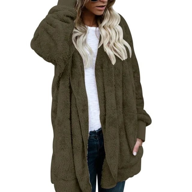 L / green New Year Spring Faux Fur Teddy Bear Coat Jacket Women Fashion Open Stitch Hooded Coat Female Long Sleeve Fuzzy Jacket
