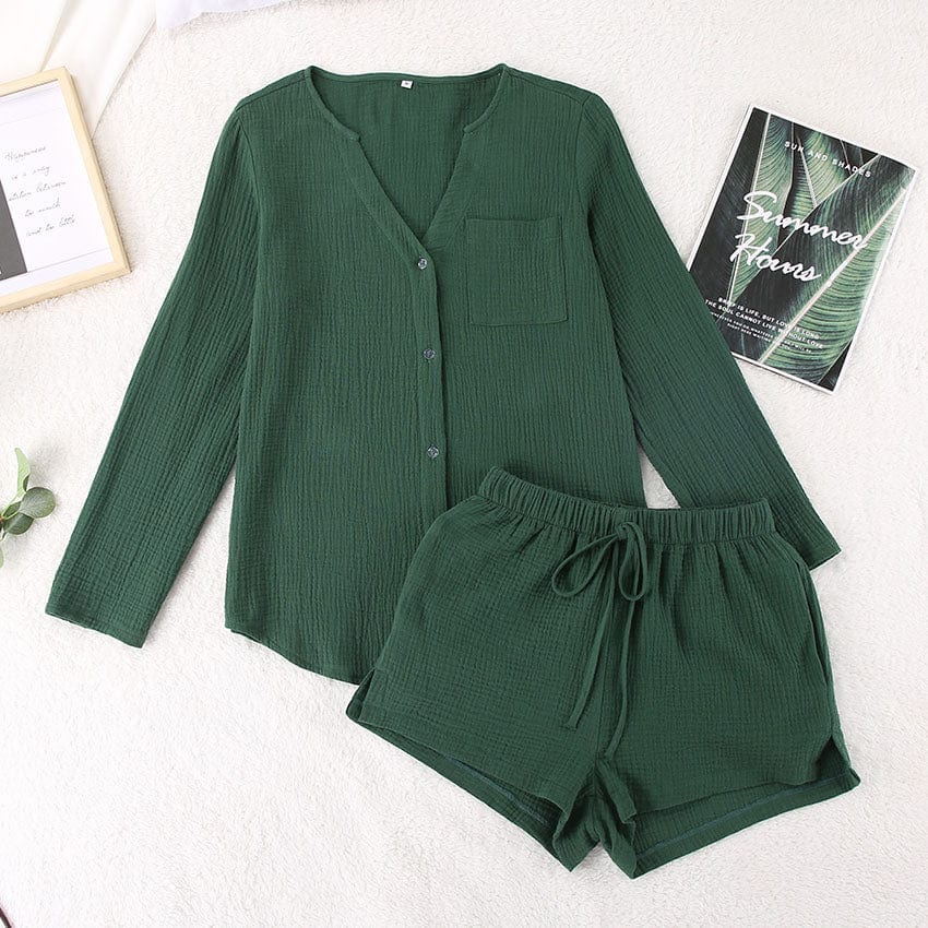 L / green OOTN Pocket Nightwear Single Breasted Women's Nightgown Full Sleeve Women Pajama 100%Cotton Autumn Sleepwear Suits With Shorts