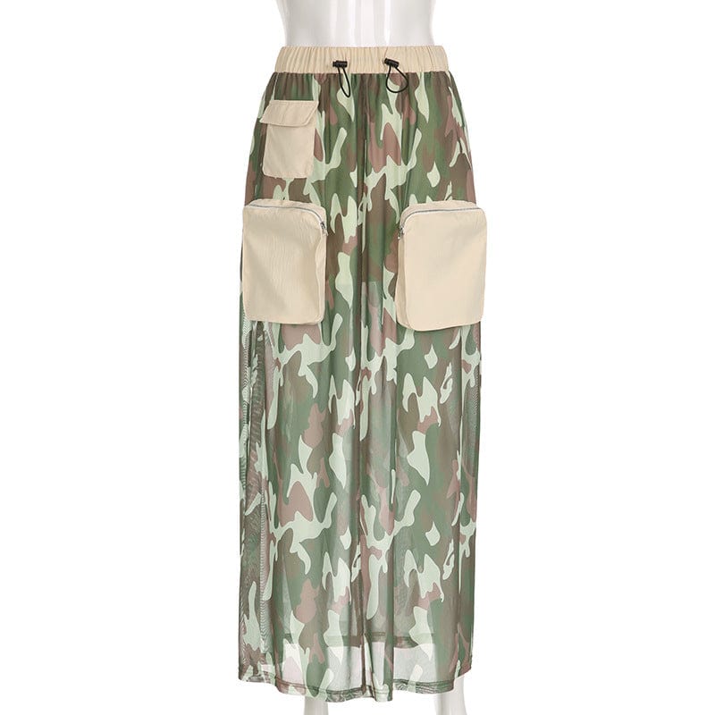 L / green OUDINA 2023 New Stitching Mesh See-through Drawstring Skirts Loose Camo Long Cargo Skirt