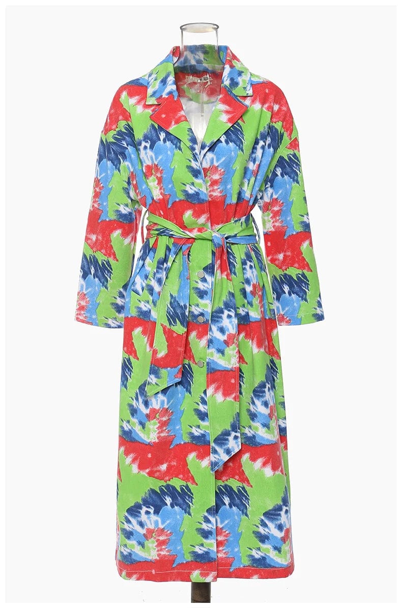 L / green OUDINA Fashionable Vintage Graffiti Print Denim Jacket Windbreaker Trench Coats Womens Long Jacket