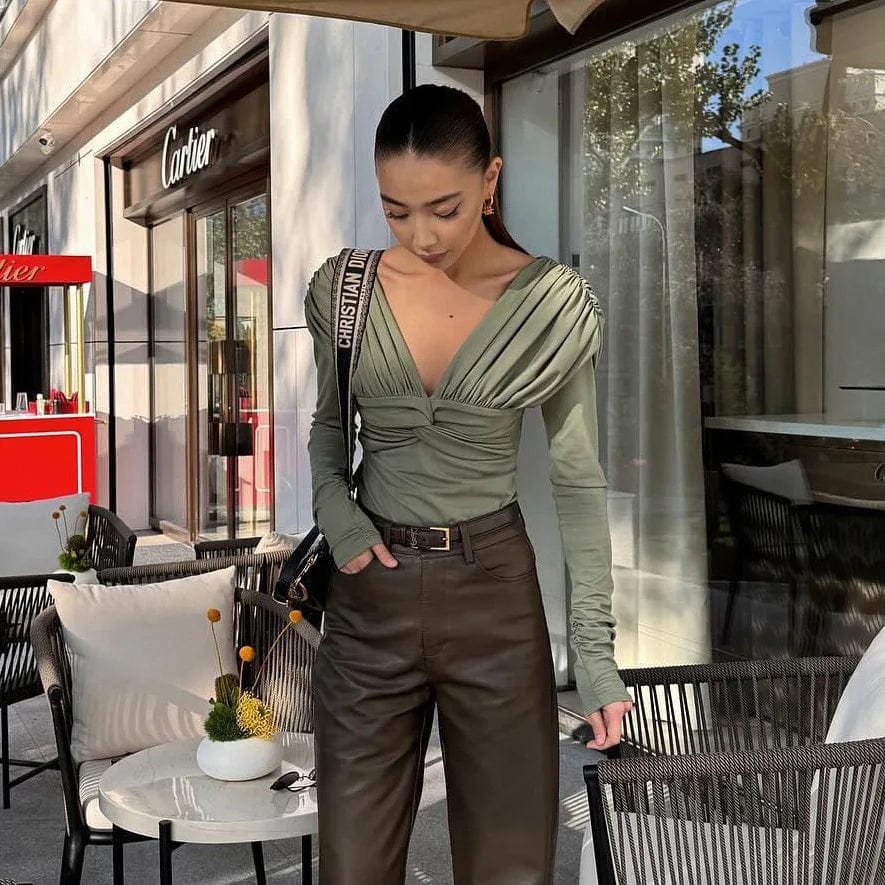 L / green OUDINA French Temperament Elegant Top For Women High-end Design Niche Twist Pleated Female Tops And T-shirt