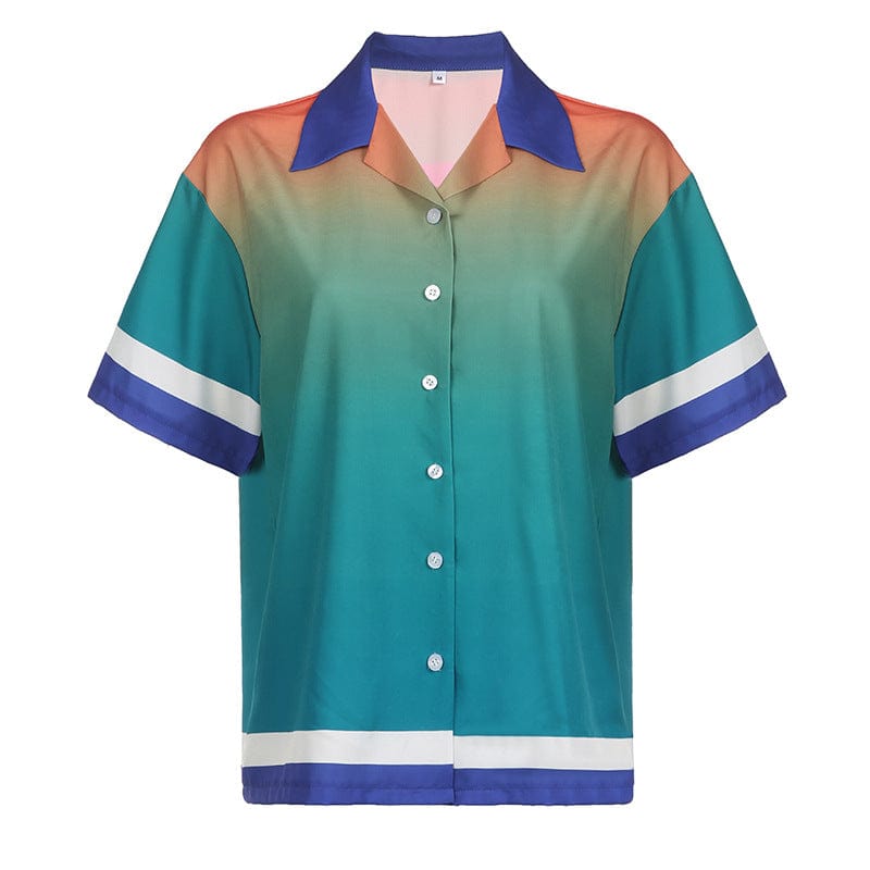 L / green OUDINA Hot Sale Ladies Contrast Color Urban Print Lapel Single Breasted Loose Vacation Casual Shirt