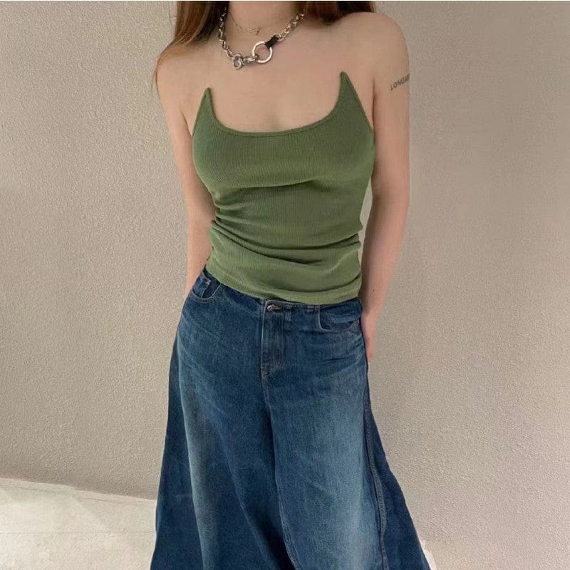 L / green OUDINA Summer Cheap High Quality Fishing Line Solid Color Elastic Female Tshirt Vest Crop Top For Women Cute Tops