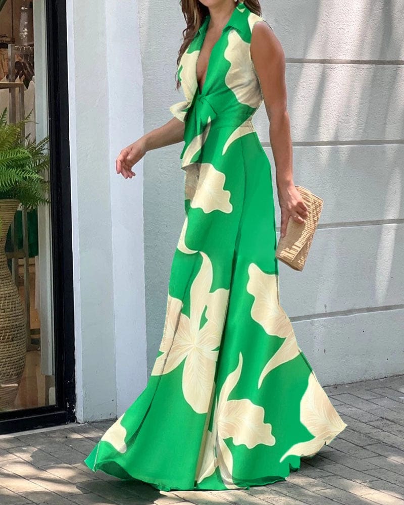 L / Green print Women's clothing new fashion V neck sleeveless lapel top ladies loose wide leg pants women one piece jumpsuits