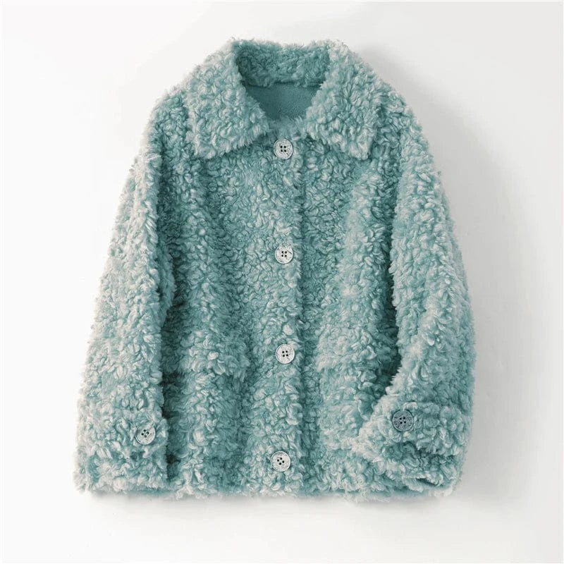 L / green Pudi women real fur coat jacket female natural sheep fur coats turn down collar jackets parka H886