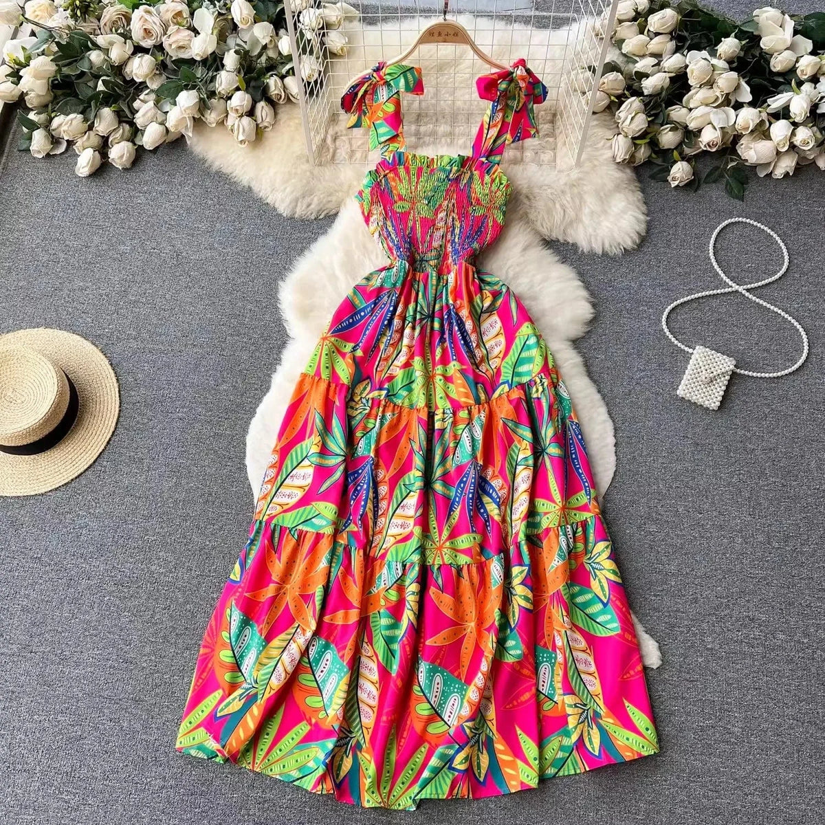 L / green S-2XL Tourism vacation Summer new strapless waist cinching large hem printed dress