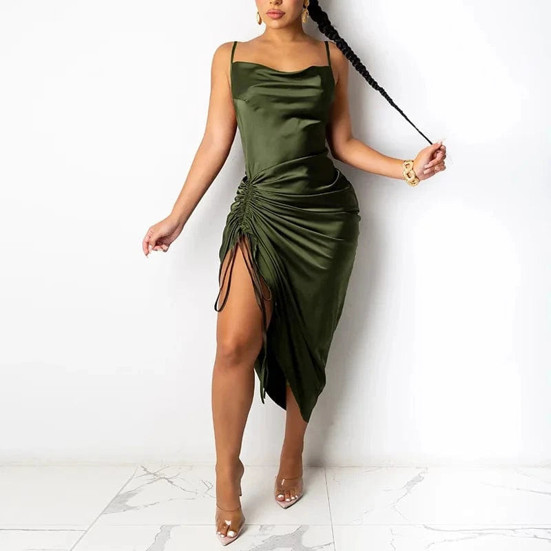 L / green Sexy Ruched Satin Summer Dress Drawstring Spaghetti Straps Cowl Neck Backless Long Dresses for Women Party