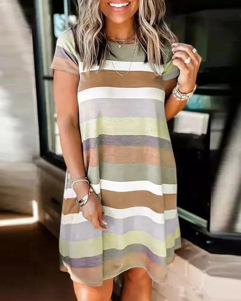 L / Green Striped Summer Wholesale Hot Selling Loose Casual Striped Printed Short Sleeved Women's Short Dresses
