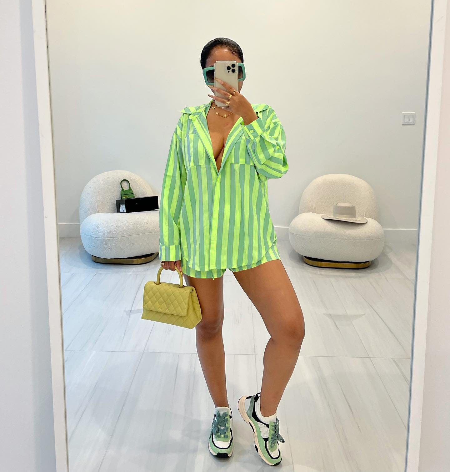 L / green Summer Women's Fashion Nylon Elastic Fabric Stripe Two Piece Set Casual Polo Collar Shirt Set for Women